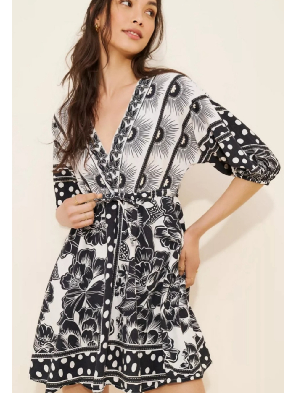 FARM Rio Printed Puff Sleeve Mini Dress Black/White Linen Blend XS